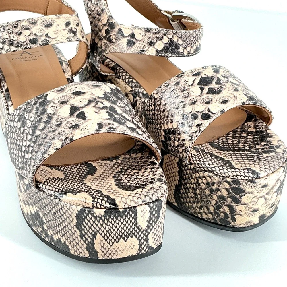 Aquatalia Size 8.5 Snake Print Leather Platform Sandals Neutral NEW Dinah $345